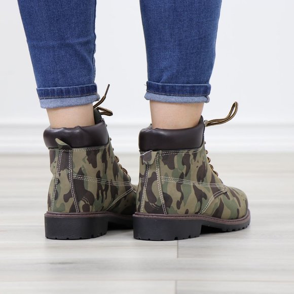 Women's Camouflage Combat Lace-up Ankle Boots Low Heel Casual Short Booties - Picture 8 of 12